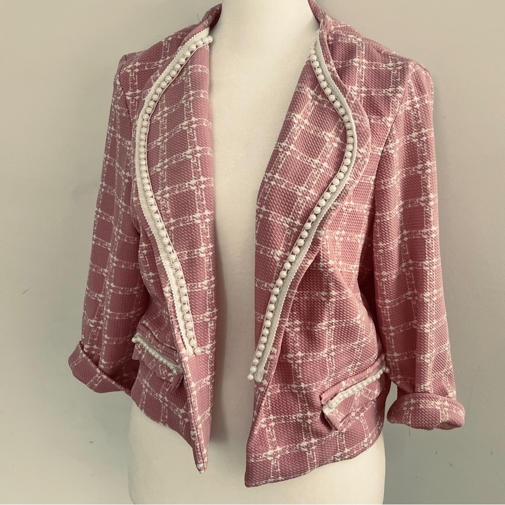 Maya Brooke Pink and White Blazer with Pearl Trim Size 12 - Picture 3 of 12